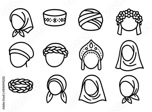 Traditional headwear icons collection featuring diverse cultural styles