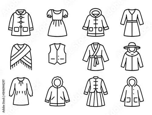 Variety of clothing line art illustrations featuring coats and dresses