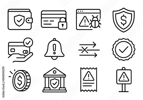 Cybersecurity icon set featuring wallet, credit card, bug, shield, and bank symbols