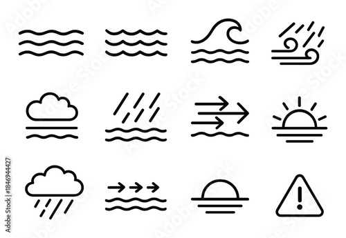 Minimalist weather icons set: waves, clouds, rain, wind, and sunset symbols