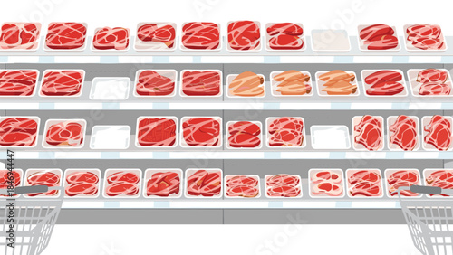 Rows of thinly sliced red meat in plastic packaging are displayed on shelves in a supermarket setting.