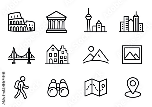 Monochrome icons featuring landmarks, nature, and travel elements