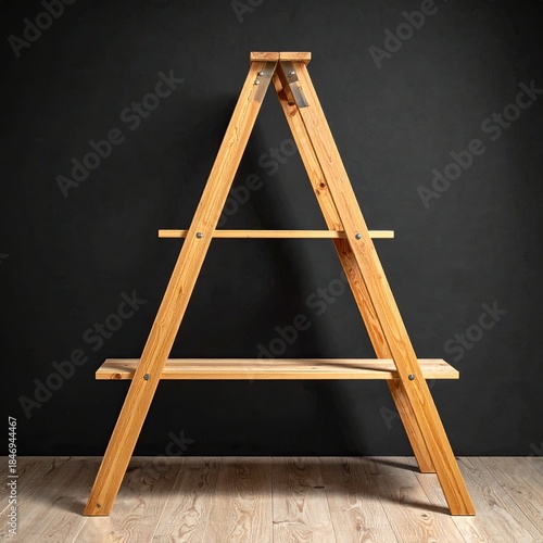 A wooden shelf, shaped like a ladder, against a dark background