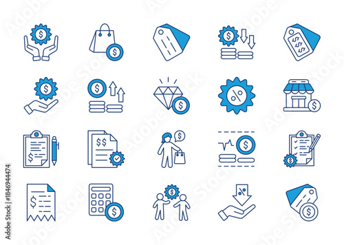 Price thin blue icon set. Containing product, price tag, low price, expensive, cost, high price, value, discount