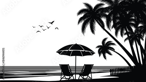 Black and white silhouette of a tropical beach scene featuring palm trees, chairs, and flying birds