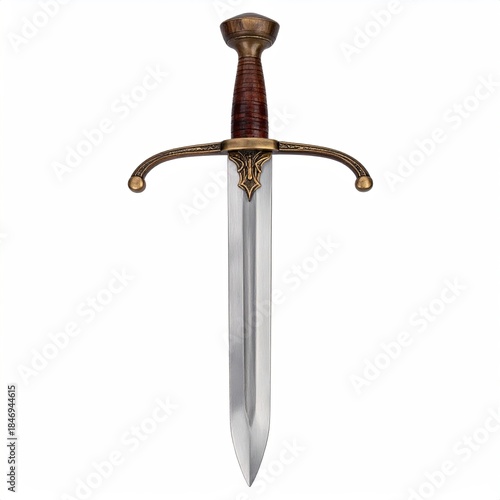 A medieval sword, gleaming with ornate hilt and guard, on white backdrop