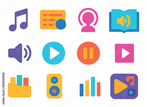 Colorful multimedia icons with play, pause, and audio symbols on vibrant background