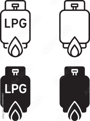 Isolated LPG Gas Icon Set, Household LPG Gas Flame Symbol Icon Collection, Domestic Fuel Gas Energy Icon, Black Minimal Energy Icon, Solid And Outline Vector Design For Home