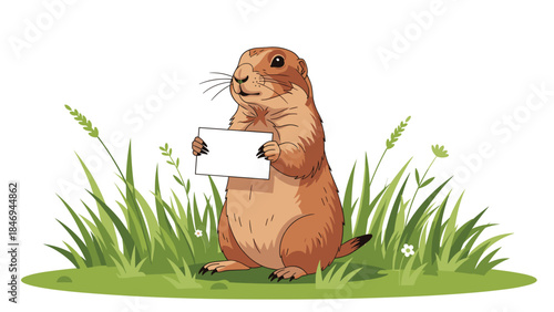 Charming groundhog stands upright in green grass holding a blank white sign for a message or announcement.
