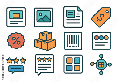Colorful e-commerce icons set with boxes, tags, barcodes, and ratings