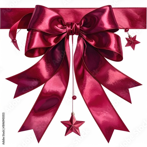 Ruby red satin bow with dangling stars and beads