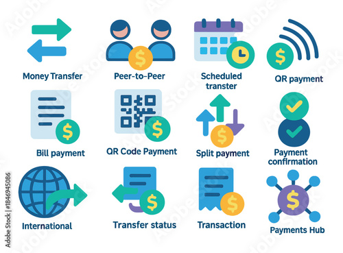 Digital financial icons: qr payments, money transfer, and transaction management