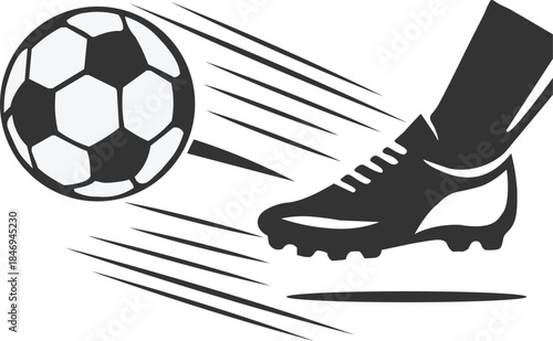 Soccer kick clipart, black and white football cleat striking ball with motion lines