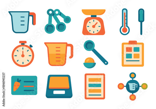 Colorful culinary icons set on gradient background, including kitchen tools and appliances
