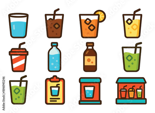 Colorful beverage icons: water, soda, juice, and drink containers
