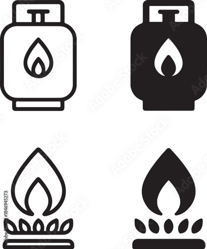Isolated Cooking Gas Icon Set, Cooking Stove Flame Symbol Icon Collection, Kitchen Gas Energy Icon, Black Minimal Energy Gas Icon, Solid And Outline Vector Design For Culinary Projects