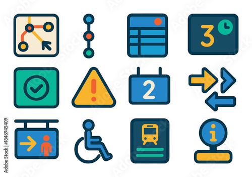 Colorful transportation infographic with symbols for directions, accessibility, and schedules