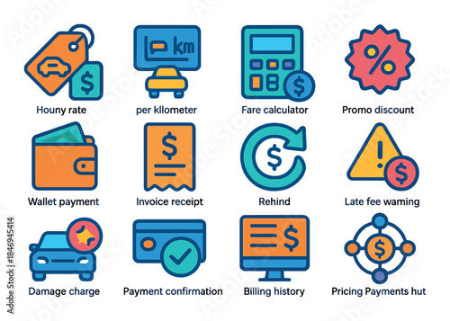 Colorful taxi fee icons: kilometers, calculator, discounts, wallet payment, invoice
