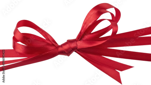 Festive red satin ribbon bow isolated PNG, elegant decoration for gift wrapping and holiday designs on transparent background