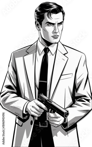 noir detective holding handgun wearing suit and tie dramatic black and white illustration