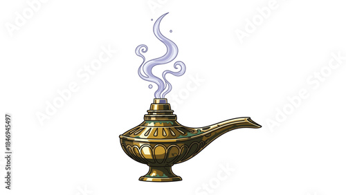 Golden magic lamp with swirling smoke emerges from its spout, evoking tales of wishes and ancient folklore.