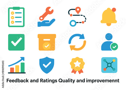 Colorful icons representing feedback and ratings for quality improvement