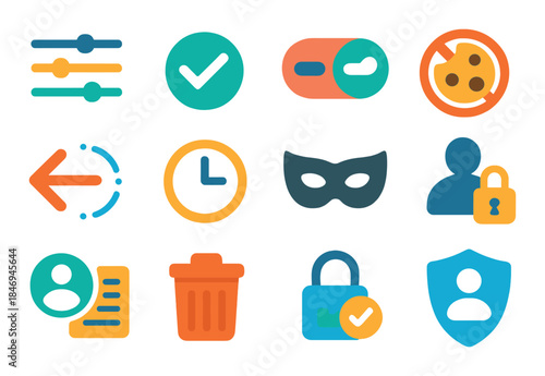 Colorful glowing icons of settings, privacy, and security on gradient background