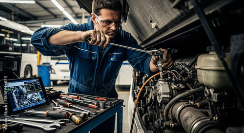 Bus repair mechanic working on vehicle diesel engine in service station garage, performing service maintenance close-up