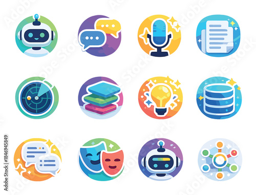 Colorful digital icons set featuring robot, microphone, chat bubbles, and lightbulb for technology and communication