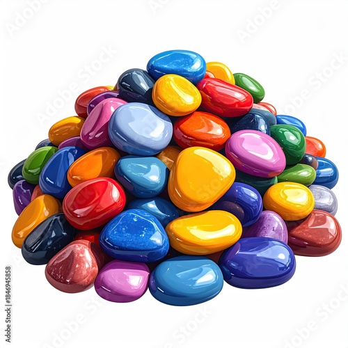 A vibrant pile of smooth, colorful pebbles against a clean white background