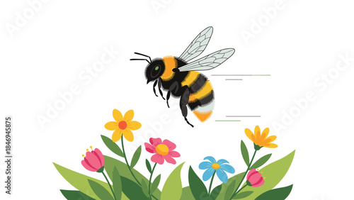 A busy bumblebee flies swiftly over a colorful garden filled with vibrant wildflowers, collecting pollen for its hive.