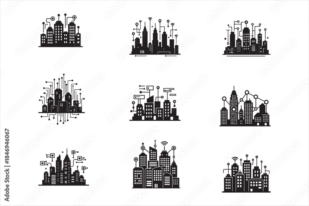 Fototapeta premium Smart city network silhouette vector icon set