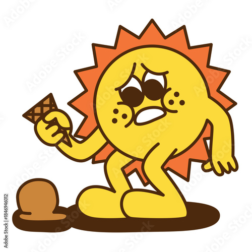  A sun cartoon character with a scoop of ice cream on the floor