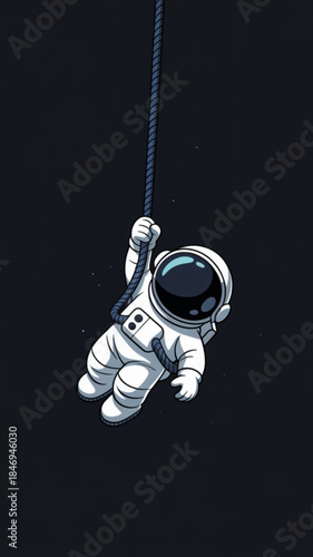 Astronaut floating on rope in deep space on dark background futuristic exploration concept with glowing helmet visor for sci fi poster wallpaper web banner and adventure storytelling
