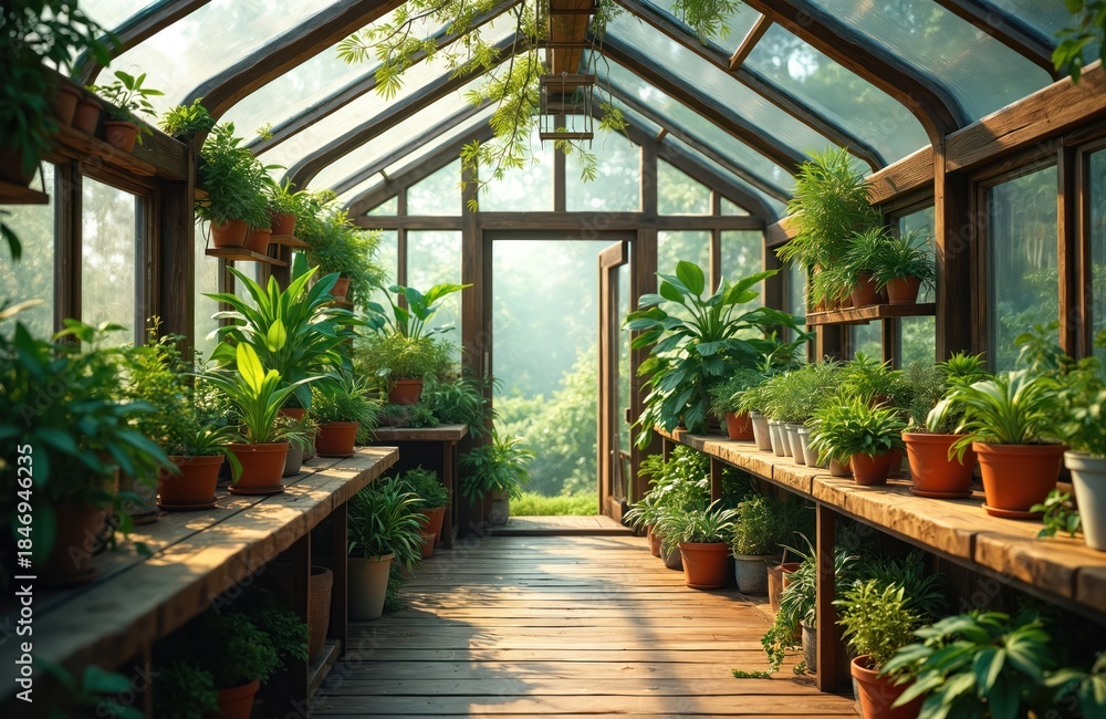 Fototapeta premium Sunlit wooden greenhouse filled with diverse green potted plants. Lush foliage grows on shelves, creating a vibrant natural oasis inside. An open door reveals a bright outdoor garden view.