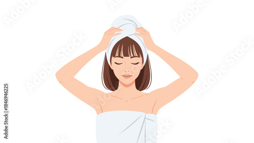 Woman with a towel wrapped around her head enjoys a relaxing moment after a shower or bath.