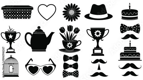 Collection of black and white icons perfect for father's day celebration or gentleman's theme design