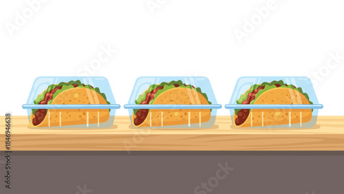 Three delicious tacos in clear plastic containers are neatly arranged on a wooden surface, ready to be served.