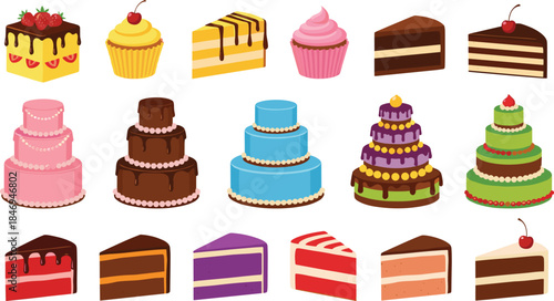 Vector Collection of Colorful Cakes, Cupcakes, and Slices; Tiered Celebration Cakes and Various Flavors of Dessert for Parties and Bakery Design