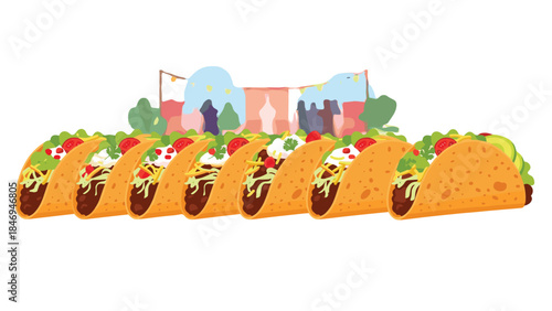Colorful illustration depicts a row of delicious tacos with fresh toppings against a festive outdoor party backdrop.