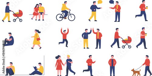 Flat design vector illustration set of diverse people doing daily activities like walking, cycling, running, and sitting isolated on white background.