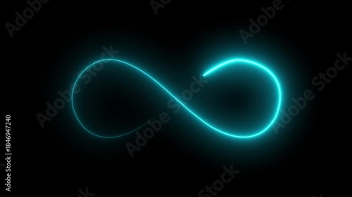 Glowing infinity sign seamless loop . Animation of seamless loop Neon glowing blue light isolated on black background. Eternity concept. Mathematical symbol Infinity symbol appears of