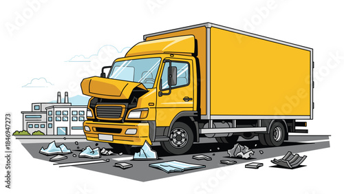 Damaged yellow delivery truck with broken front end and scattered debris on a city street after an accident.
