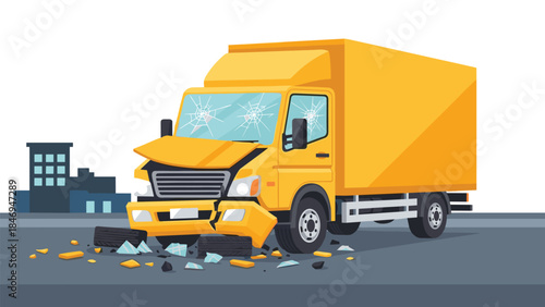 Damaged yellow delivery truck with a shattered windshield and crumpled front end after a collision on a city street.