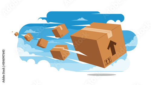 Packages are rapidly delivered through the air with speed and efficiency, symbolizing fast shipping and logistics solutions.