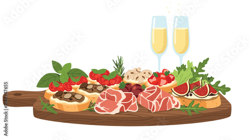 Delicious charcuterie board with bruschetta, prosciutto, figs, and champagne glasses creates a festive and inviting appetizer spread.
