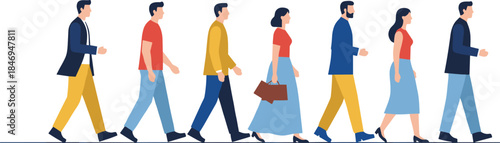 Group of Diverse People Walking in Line Full-Length Flat Vector Illustration of Modern Men and Women Characters for Business, Urban, and Commuter Scenes Design