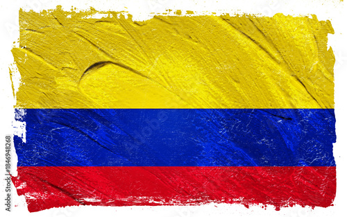 Textured brushstroke rendering of a national flag with vibrant yellow, blue, and red bands evoking a sense of patriotic spirit and cultural identity.