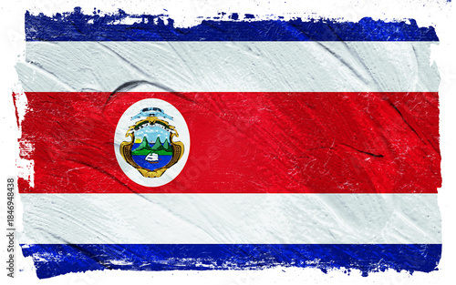 Artistic depiction of a national flag with red, white and blue stripes surrounding an emblem, conveying patriotism with a textured, distressed painted effect.