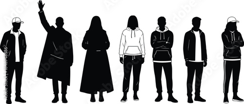 Set of Modern Street Style Silhouettes Full-Length Black Vector Icons of Men and Women in Casual Hoodies, Jackets, and Trendy Urban Fashion Outfits